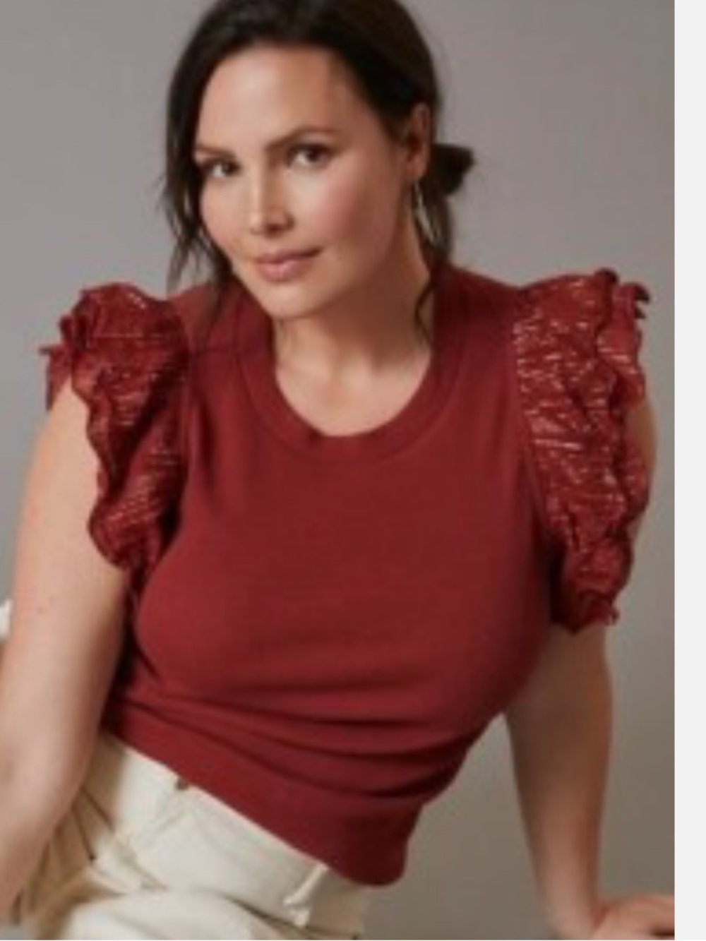By Anthropologie Lurex ribbed ruffle sleeve tank RUST gold METALLIC large